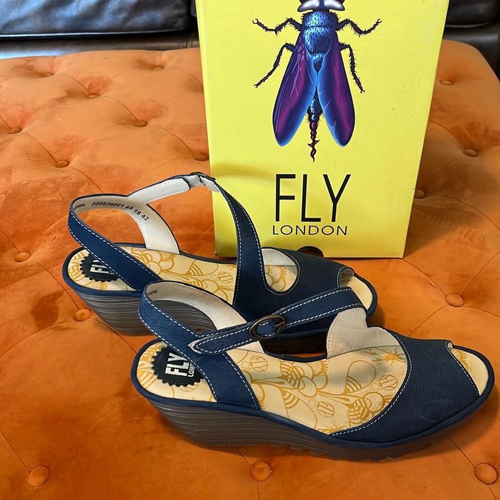 Fly London blue/white Velcro strap sandal size 42